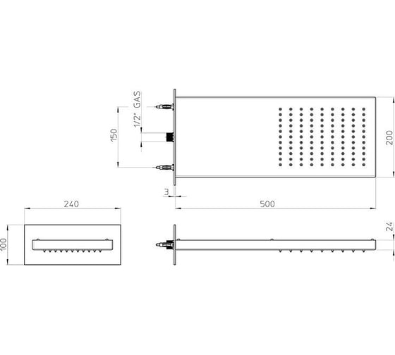 Настенный верхний душ/панель Bossini Manhattan 500x200x24 из стали с режимом тропический душ, подсоединение на 1/2"м, цвет хром I00575.030