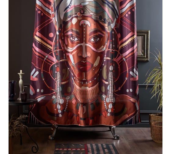 Занавеска для ванной комнаты Moroshka Ethnic тканевая, цвет коричневый и красный T689-4