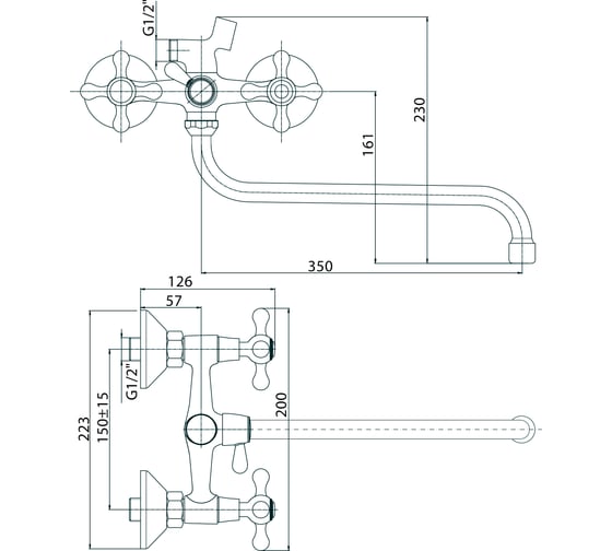 Смеситель для ванны KONNER ELC2610 ELEMENT CROSS с длинным изливом, с аксессуарами 6088168