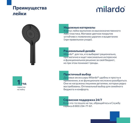 Лейка для душа Milardo Rora 4F, черная матовая ROR4FBRM18