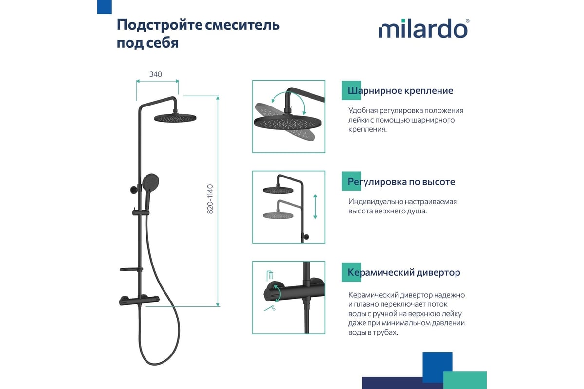 Смеситель термостатический для душа Milardo Ideal Spa со стойкой и  тропической лейкой, черный матовый ILSBLTHM89