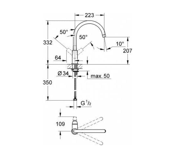 Смеситель для мойки Grohe BauEdge с высоким C-образным изливом, картридж 28 мм 31233001