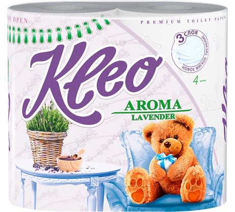 Туалетная бумага Kleo Лаванда, 3 слоя, 4 рулона С6