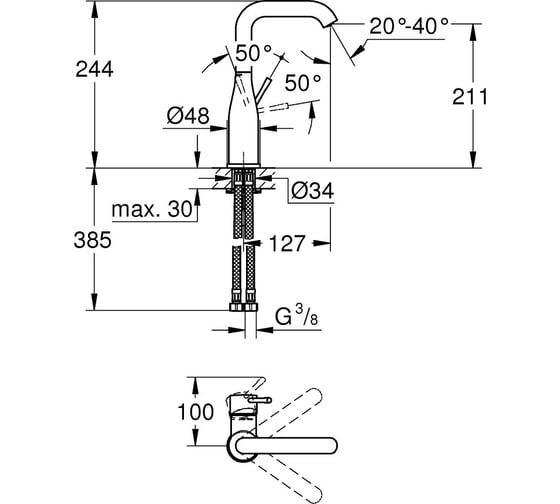 Смеситель однорычажный для раковины Grohe 24177KF1 Essence, размер L, фантомный чёрный 00000136004