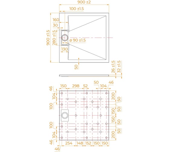 Душевой поддон RGW 90х 90х2.6 см, белый, квадратный, Ø 90 мм TUS-099W 55370199-01