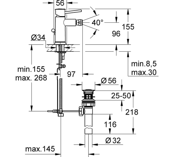 Смеситель для биде Grohe BauClassic со сливным гарнитуром 32864000