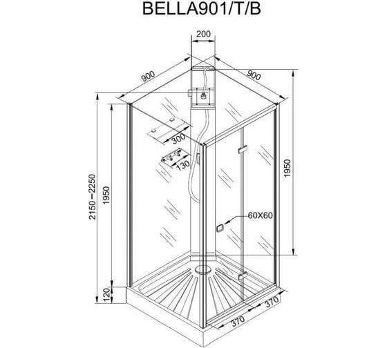 Душевая кабина Cerutti SPA BELLA-901B 90x90 см без крыши, профиль черный, стекло прозрачное 9419