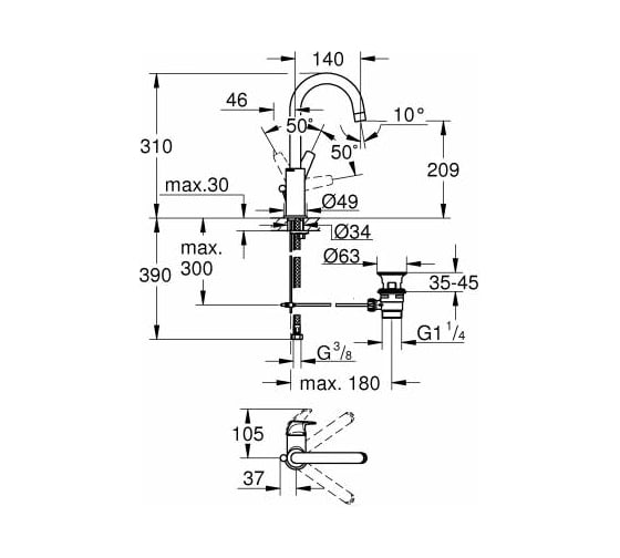 Смеситель для раковины Grohe BauFlow гладкий корпус L-Size 23753000