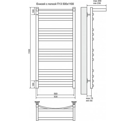 Электрический полотенцесушитель Terminus Енисей П13 500x1100 с пол. ТЭН HT-1 300W л/п 4660059920795