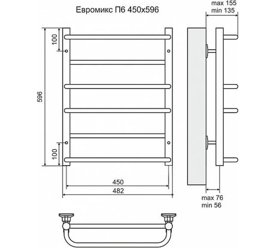 Электрический полотенцесушитель Terminus Евромикс П6 450x596, ТЭН HT-1 300W, л/п 4660059920726