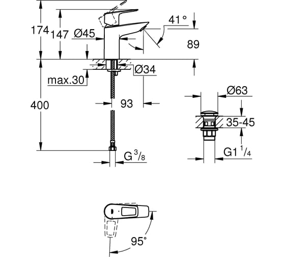 Смеситель для раковины GROHE BauLoop с нажимным донным клапаном, S-Size, хром 23883001