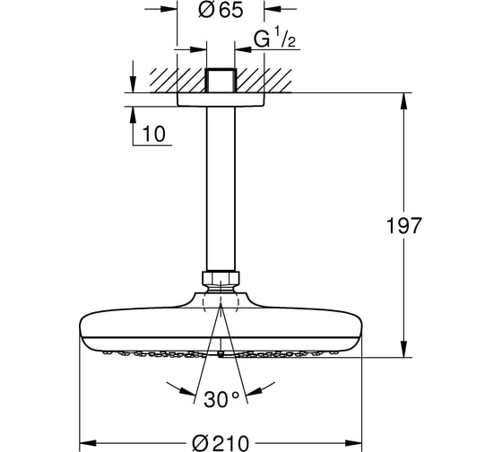 Верхний душ GROHE Tempesta 210 с потолочным душевым кронштейном 142 мм, расход 9.5 л/мин, хром 26414000