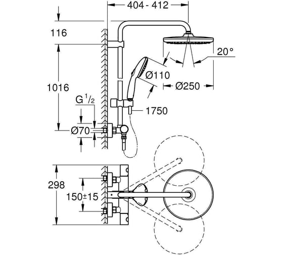 Душевая система с термостатом для душа GROHE Tempesta System 250 хром 26670001