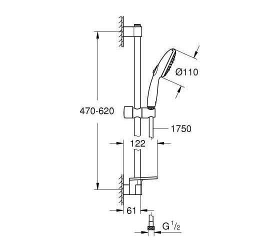 Душевой гарнитур GROHE Tempesta 110 3 режима струи, душевая штанга 600 мм, шланг 1750 мм, 5.6 л/мин, полочка, хром (замена арт. 27600001) 27600003 00000138274