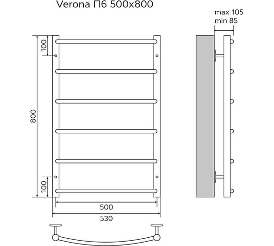 Водяной полотенцесушитель Azario VERONA 500/800 6 перекладин, 1"-1/2", полированный 00088179