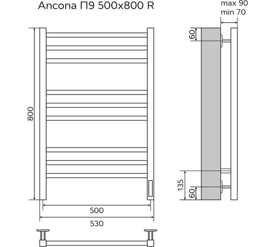 Электрический полотенцесушитель Azario ANCONA 500/800 белый, R, 9 квадратных перекладин 00088199