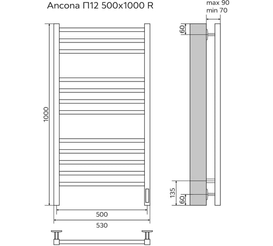 Электрический полотенцесушитель Azario ANCONA 500/1000 белый, R, 12 квадратных перекладин 00088201
