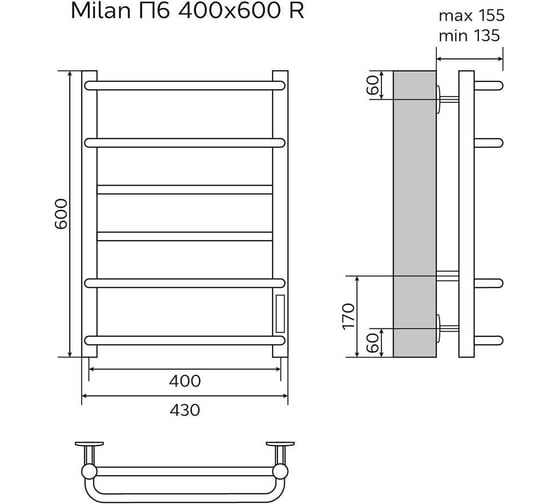 Электрический полотенцесушитель Azario MILAN 400/600 черный, R, 6 перекладин 00088240