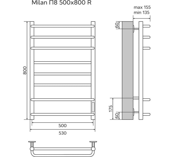 Электрический полотенцесушитель Azario MILAN 500/800 белый, R, 8 перекладин 00088242