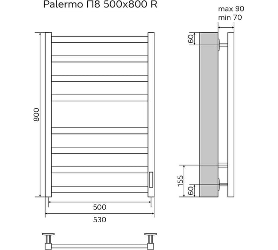 Электрический полотенцесушитель Azario PALERMO 500/800 белый, R, 8 перекладин 00088246