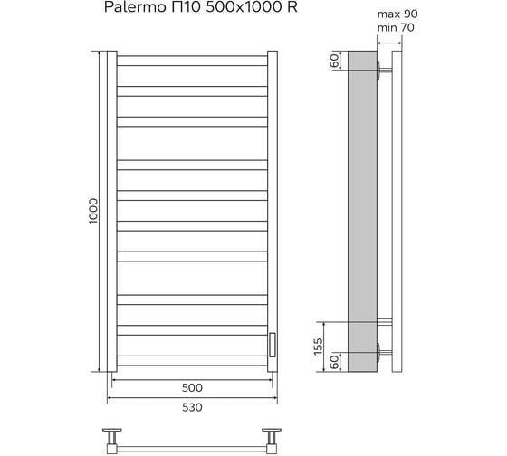 Электрический полотенцесушитель Azario PALERMO 500/1000 белый, R, 10 перекладин 00088248