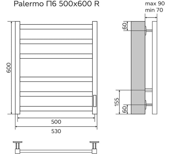 Электрический полотенцесушитель Azario PALERMO 500/600 черный, R, 6 перекладин 00088245