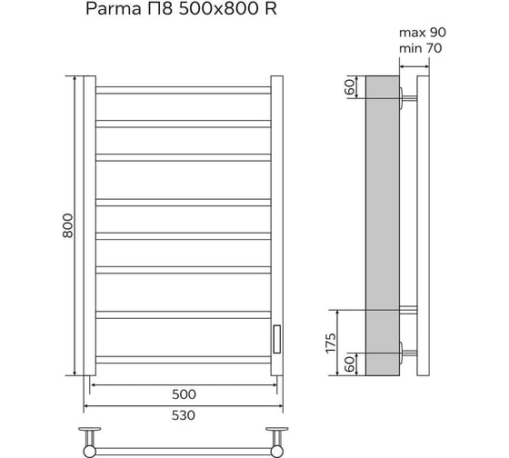 Электрический полотенцесушитель Azario PARMA 500/800 белый, R, 8 перекладин 00088236