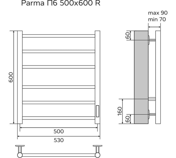 Электрический полотенцесушитель Azario PARMA 500/600 черный, R, 6 перекладин 00088234