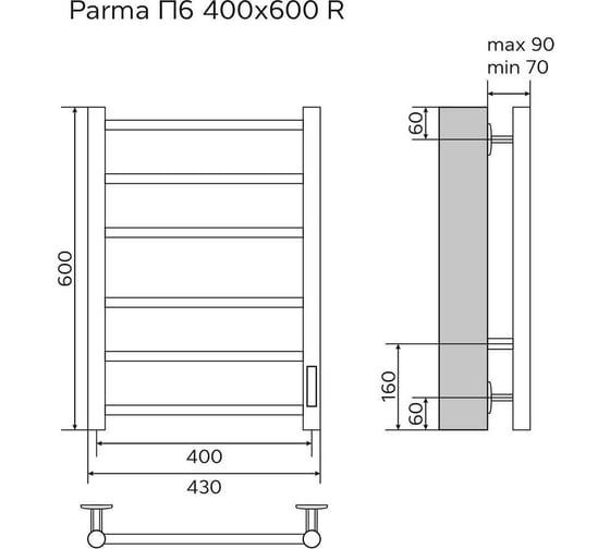 Электрический полотенцесушитель Azario PARMA 400/600 R, 6 перекладин 00088226
