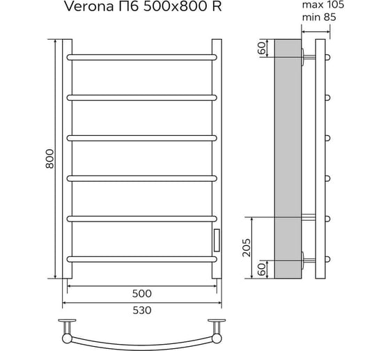 Электрический полотенцесушитель Azario VERONA 500/800 черный, R, 6 перекладин 00088222