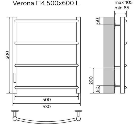 Электрический полотенцесушитель Azario VERONA 500/600 L, 4 перекладины 00088208