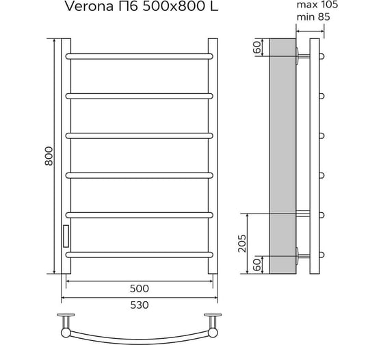 Электрический полотенцесушитель Azario VERONA 500/800 L, 6 перекладин 00088217