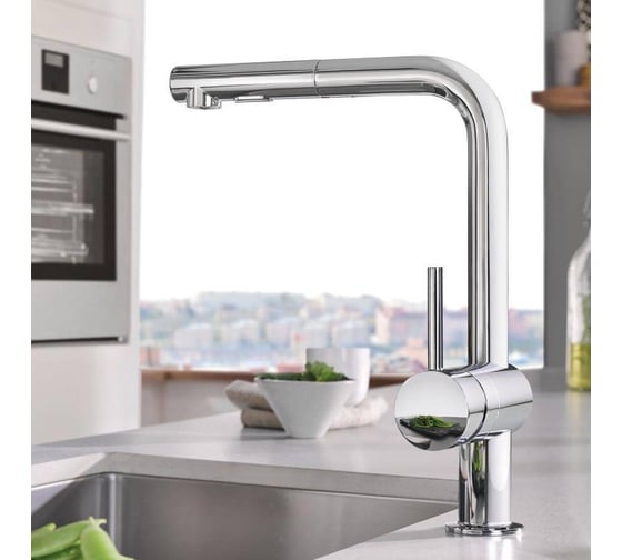 Однорычажной смеситель для мойки Grohe Minta L-излив с выдвижным изливом с аэратором 30274000