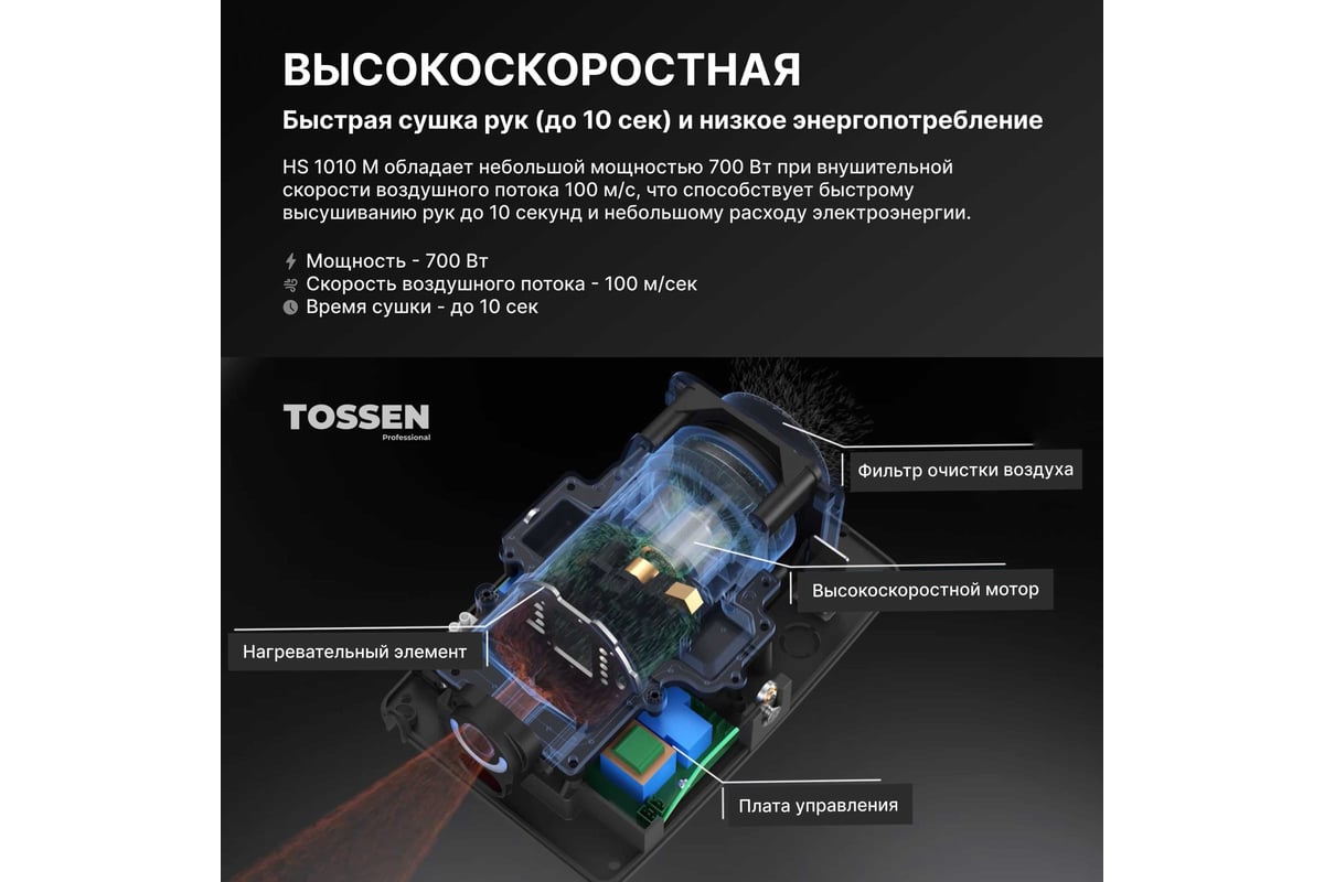 Высокоскоростная сушилка для рук TOSSEN Professional HS 1010M 300004 -  выгодная цена, отзывы, характеристики, фото - купить в Москве и РФ