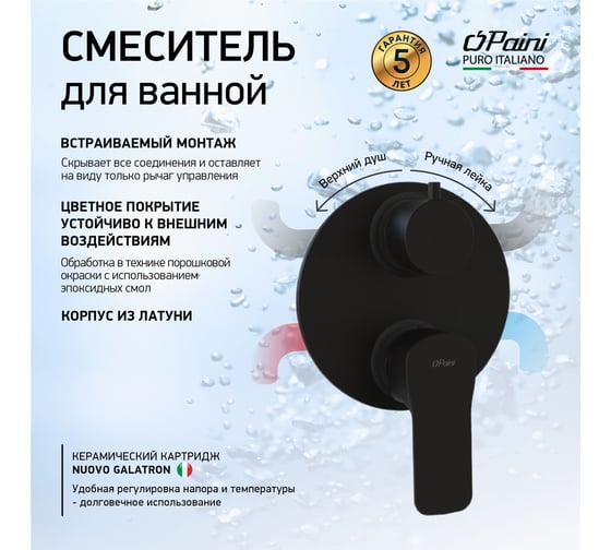 Встраиваемый смеситель для ванны и душа Paini Viva Style, черный 32557