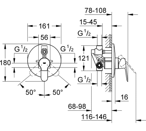 Смеситель для ванны Grohe BauEdge со встроенным механизмом 29079000