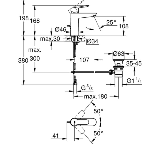 Смеситель для раковины Grohe BauEdge со сливным гарнитуром, M-Size 23758000