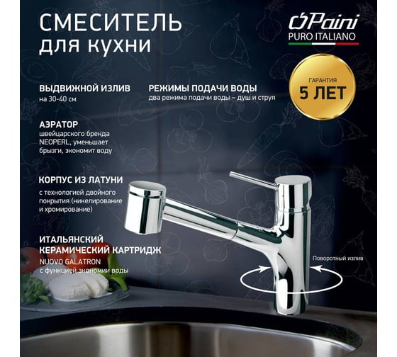 Смеситель для кухни Paini Cox с выдвижной лейкой, высокий поворотный излив, хром 17723
