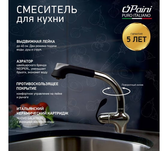 Смеситель для кухни Paini с выдвижной лейкой, высокий поворотный излив, хром 17733