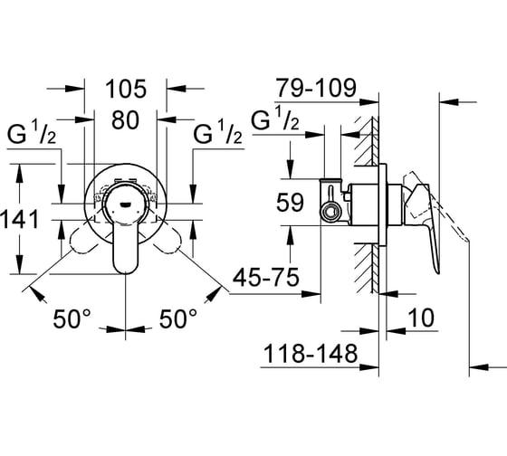 Смеситель для душа GROHE BauEdge скрытого монтажа, в комплекте с монтажной частью, хром 29040000