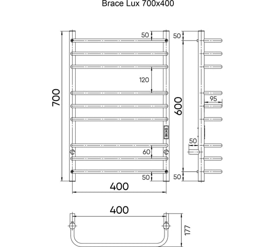 Электрический полотенцесушитель INDIGO Brace Lux с/п (electro) 70/40 (таймер, скр.монтаж, унив.подкл.R/L, черный муар) LCBLE70-40PBRRt