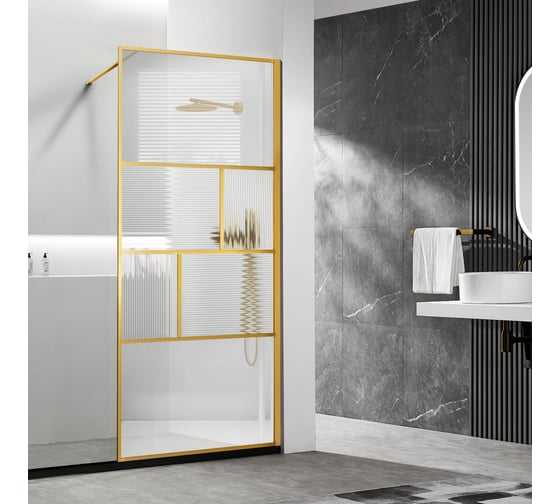 Душевая перегородка VINCEA Walk-In, 800x2000, брашированное золото, стекло прозрачное/рифленое VSW-1HC800CFBG