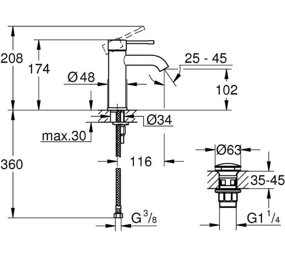 Смеситель для раковины GROHE Essence с донным клапаном, S-Size, хром 24179001