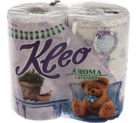 Туалетная бумага Kleo Лаванда, 3 слоя, 4 рулона С6