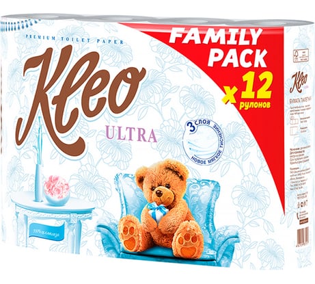 Туалетная  бумага Kleo Ultra белая, 3 слоя, 12 рулонов С185