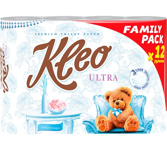 Туалетная  бумага Kleo Ultra белая, 3 слоя, 12 рулонов С185