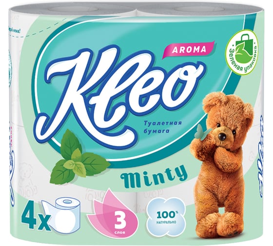 Туалетная бумага Kleo мята, 3 слоя, 4 рулона С93