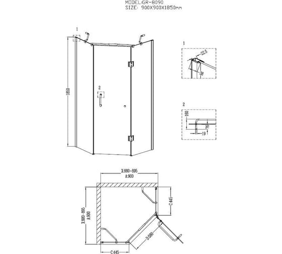Душевое ограждение Grossman Classic 90*90*185 трапеция, дверь распашная 2 места GR-8090