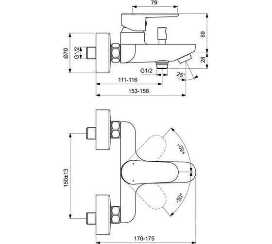 Смеситель для ванны IDEAL STANDARD BC500AA CERAFINE O настенный 00000073214