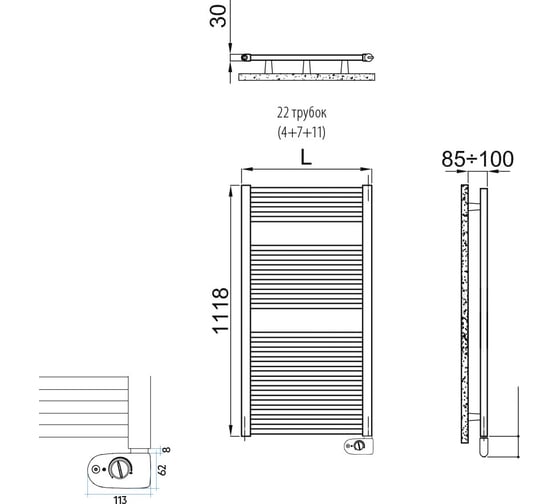 Полотенцесушитель электрический IRSAP ARES/EK 1118/580 CL.50 B01 EIM058K50IR01NNN01